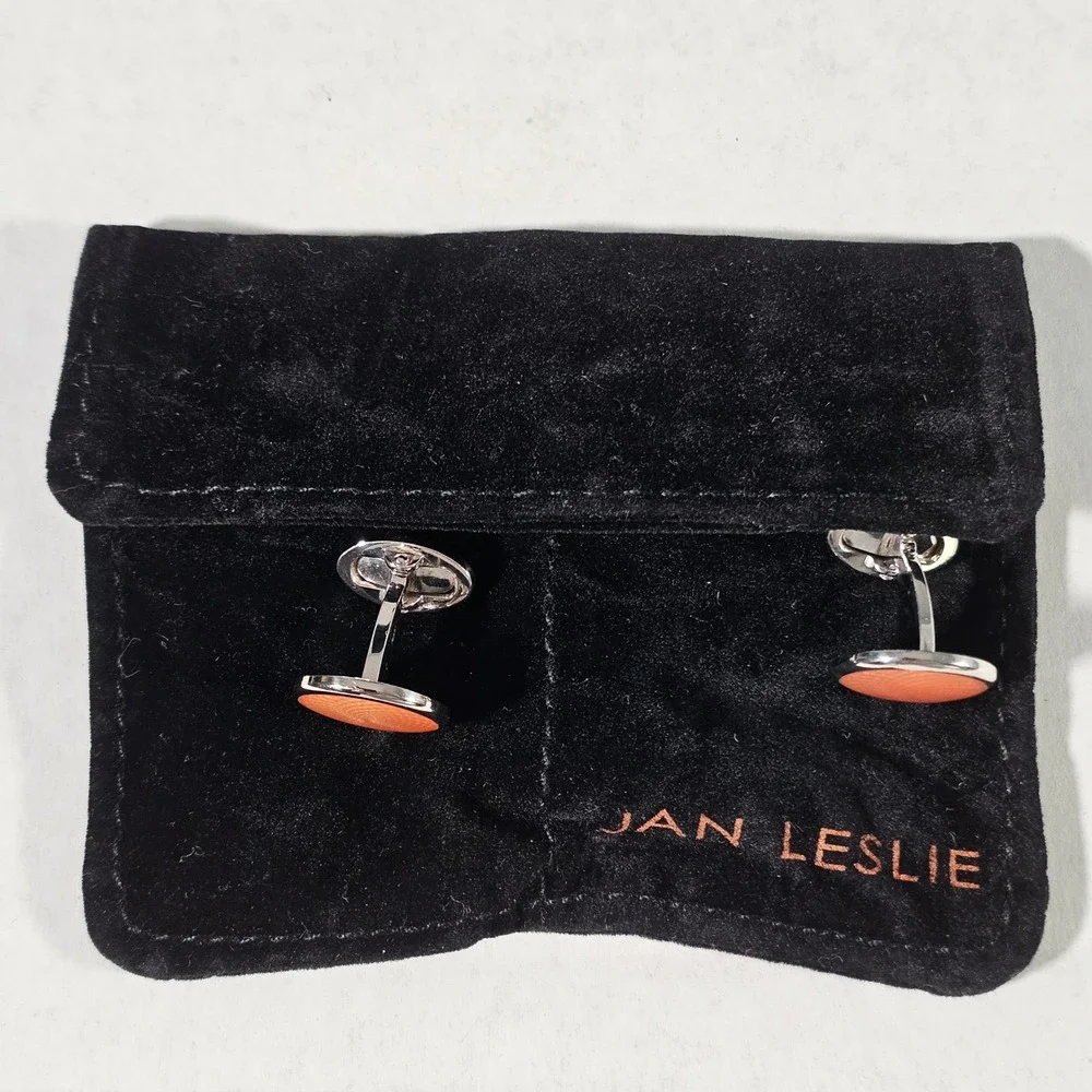 Jan Leslie Cufflinks Mens OS Orange Sterling Silver 925 Guilloche Enamel Round